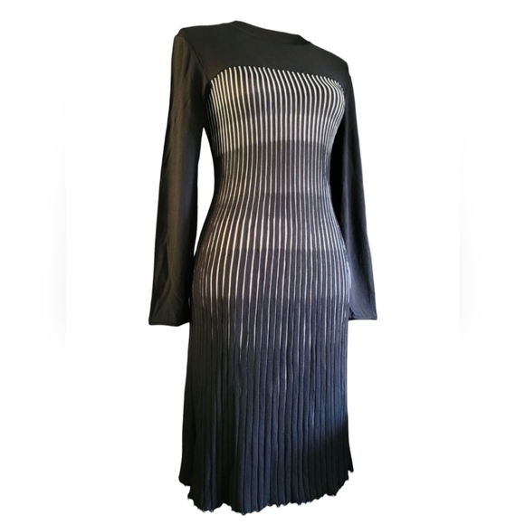 Zara Black White Stripe Pleated Knit Stretch Long Sleeves Sweater Dress Large - Picture 1 of 8